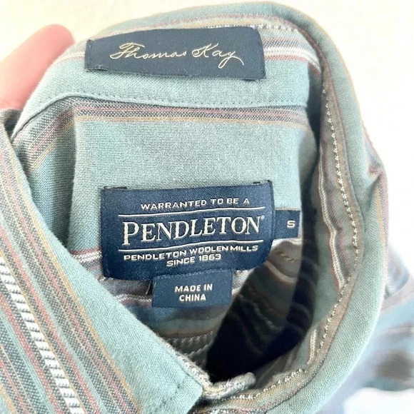 Pendleton Thomas Kay Short Sleeve Green Stripe Button Front Collared Shirt Small - Picture 5 of 10